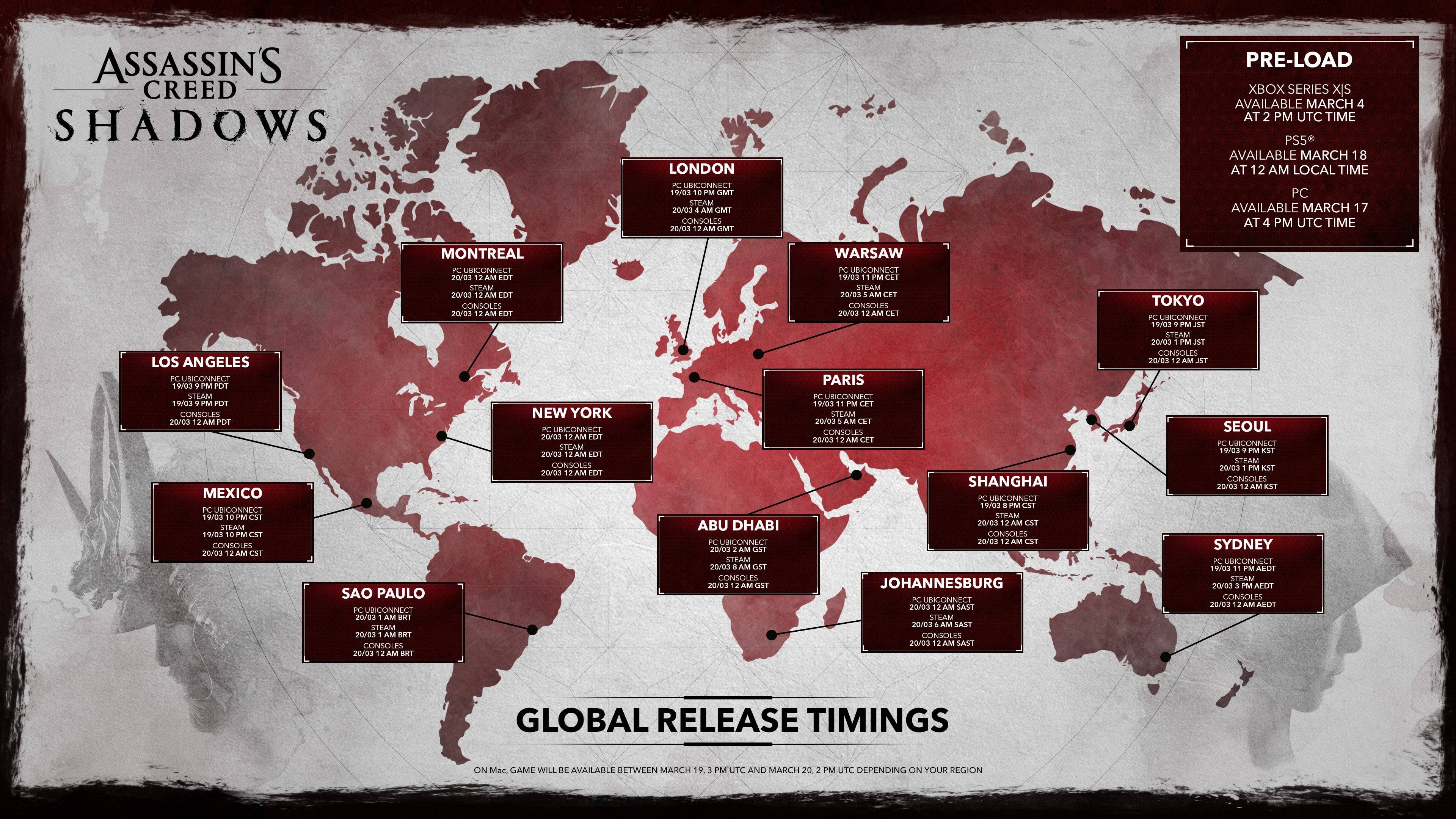 Assassin's Creed Shadows Global Release Times. Credit ng imahe: Ubisoft.