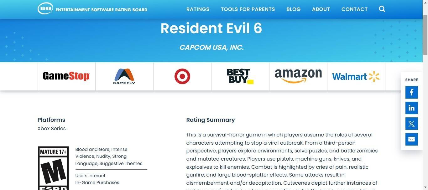 Valutazione ESRB Resident Evil 6