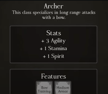 Character creation screen for the Archer in Rune Slayer
