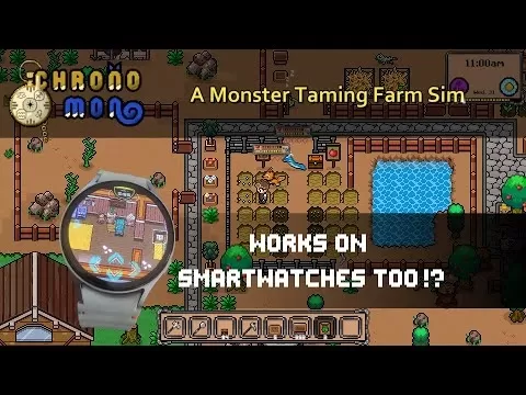 Chronomon gameplay screenshot showing monster battles and farming