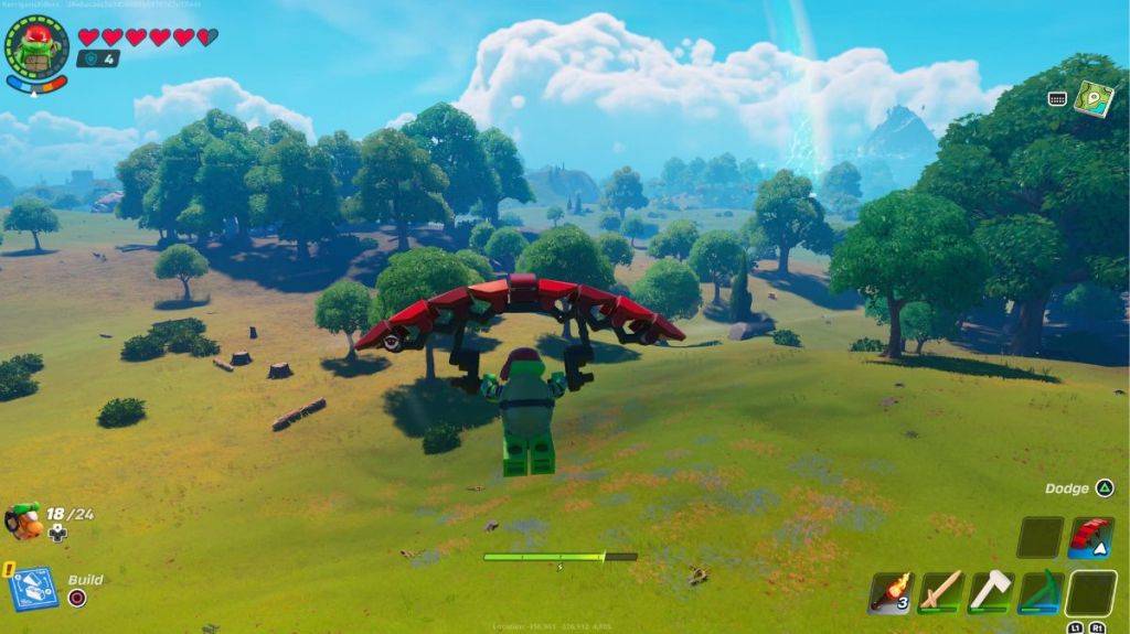 Volando con un planeador en Lego Fortnite.