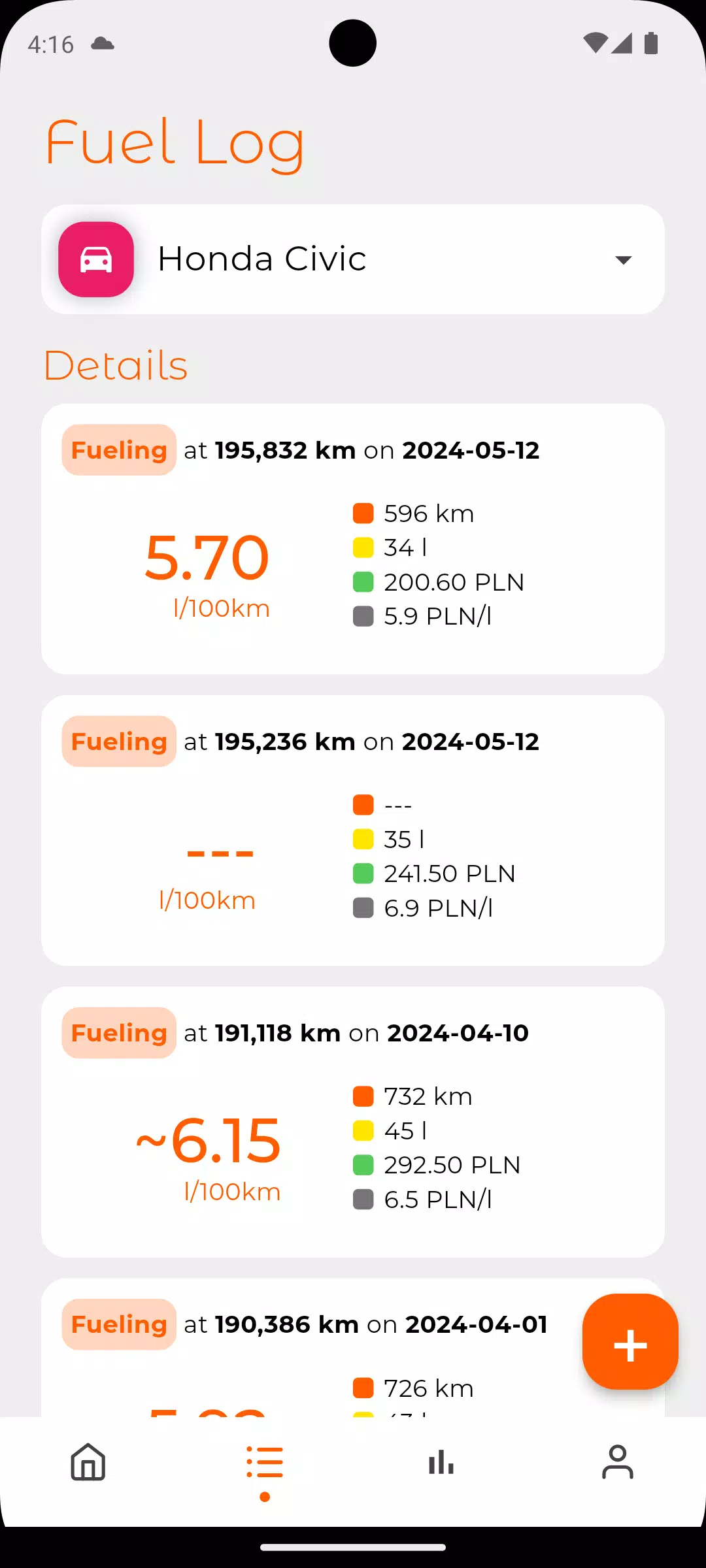 Schermata Fuel Log 1