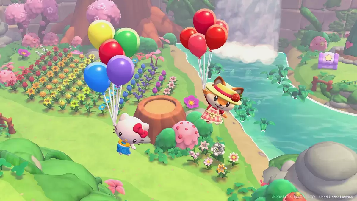 Personagens voando na Hello Kitty Island Adventure como parte de um artigo sobre redefinições diárias e semanais.