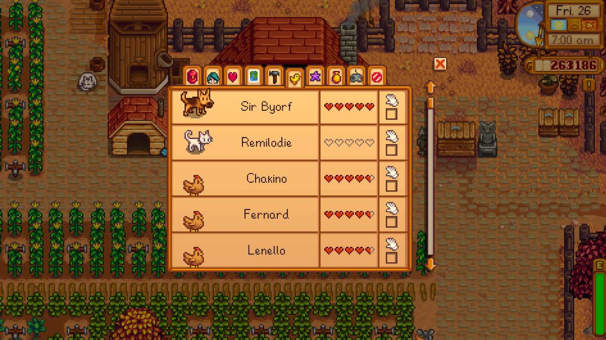 Menu do medidor de amizade animal em Stardew Valley